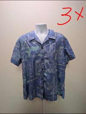 Casual Blue Printed Short-Sleeve Button-Down Shirt